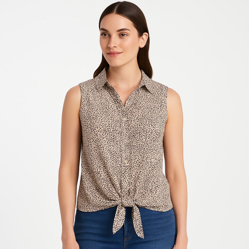 Adrianna Papell Tie Front Sleeveless Blouse Small Leopard - Picture 1 of 11